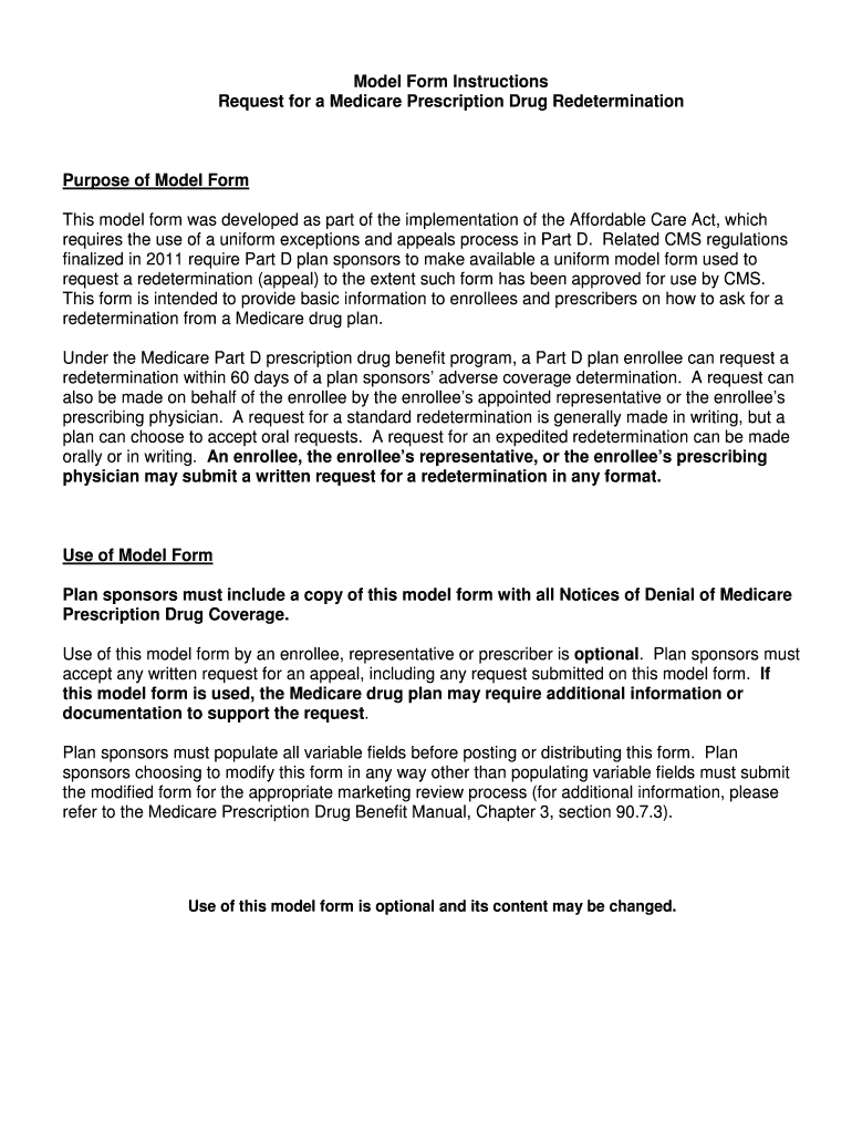 Model Form Instructions Request for a Medicare Prescription Drug Redetermination Prescription Drug r Preview on Page 1
