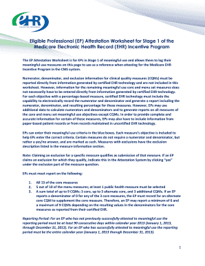 Medicare EHR Incentive Program Stage 1 Attestation Worksheet