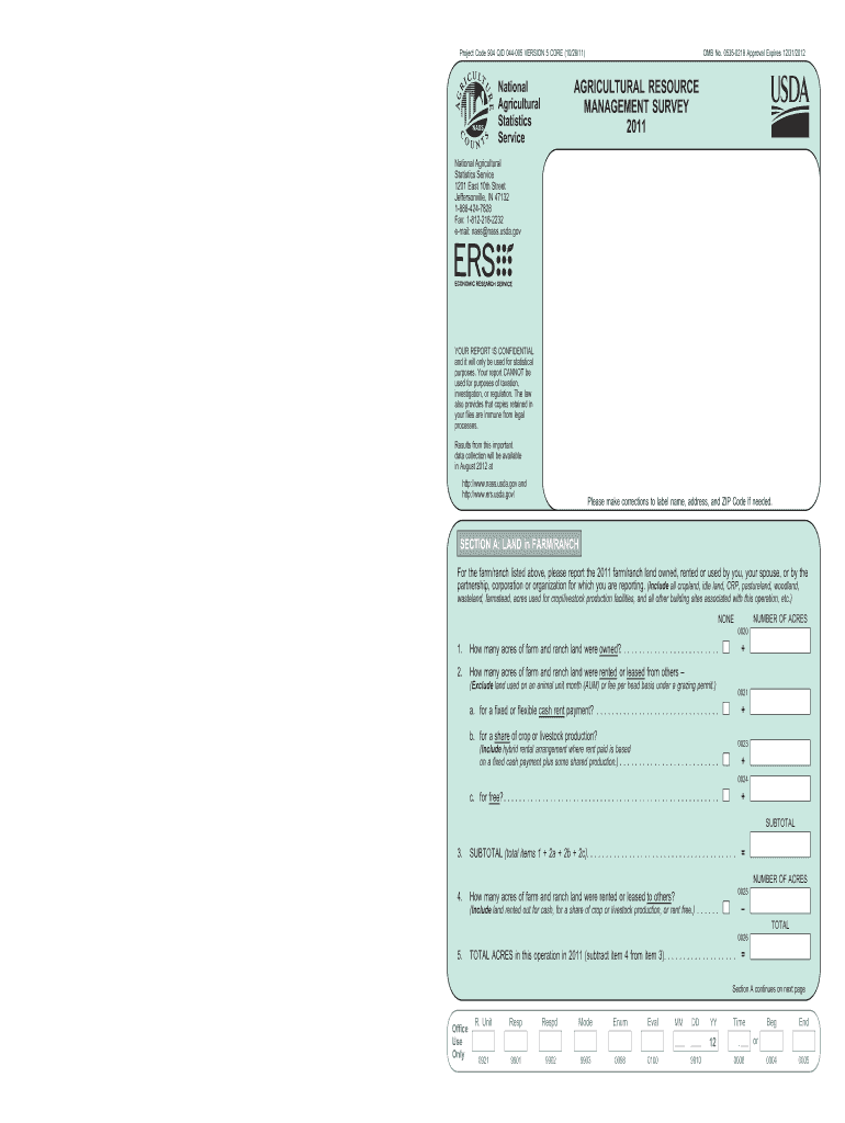 Fillable Online ers usda AGRICULTURAL RESOURCE MANAGEMENT SURVEY 2011