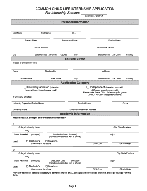 Child Life Internship Application Form