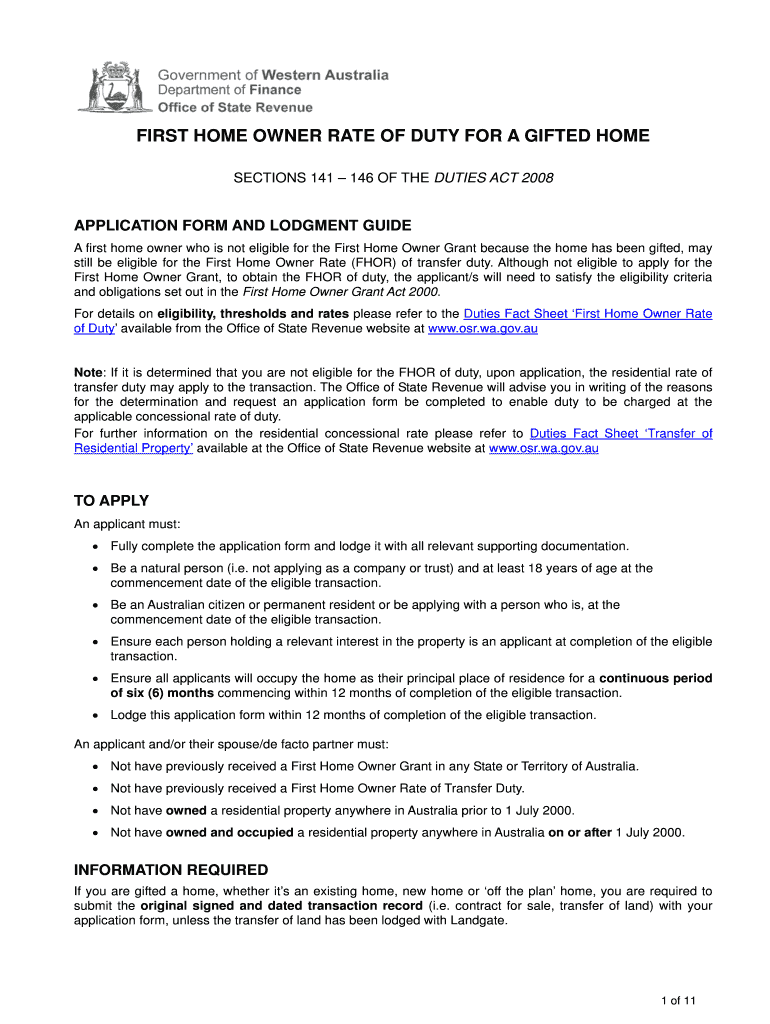 Fillable Online First home owner rate of duty for a gifted home
