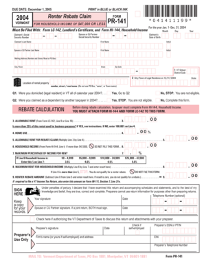 Vermont Renter Rebate Claim Form PR-141