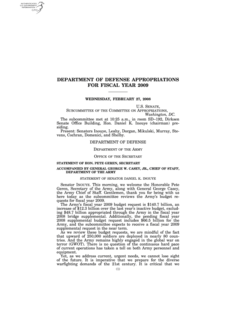 DEPARTMENT OF DEFENSE APPROPRIATIONS FOR FISCAL YEAR 2009 WEDNESDAY, FEBRUARY 27, 2008 U - gpo Preview on Page 1