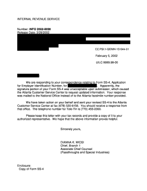 IRS Form SS-4 Response Letter