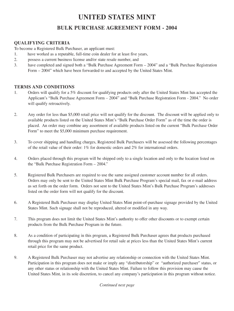 Fillable Online usmint United States Mint Bulk Purchase Program