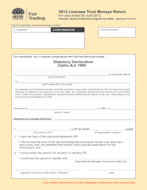 2012 Licensee Trust Moneys Return