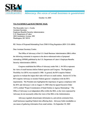 Small Business Administration: Office of Advocacy - Letter dated 10/14/05 - Department of Labor, Employee Benefits Security Administration notice of proposed rule regarding electronic filing of annual Form 5500. electronic filing of - sba