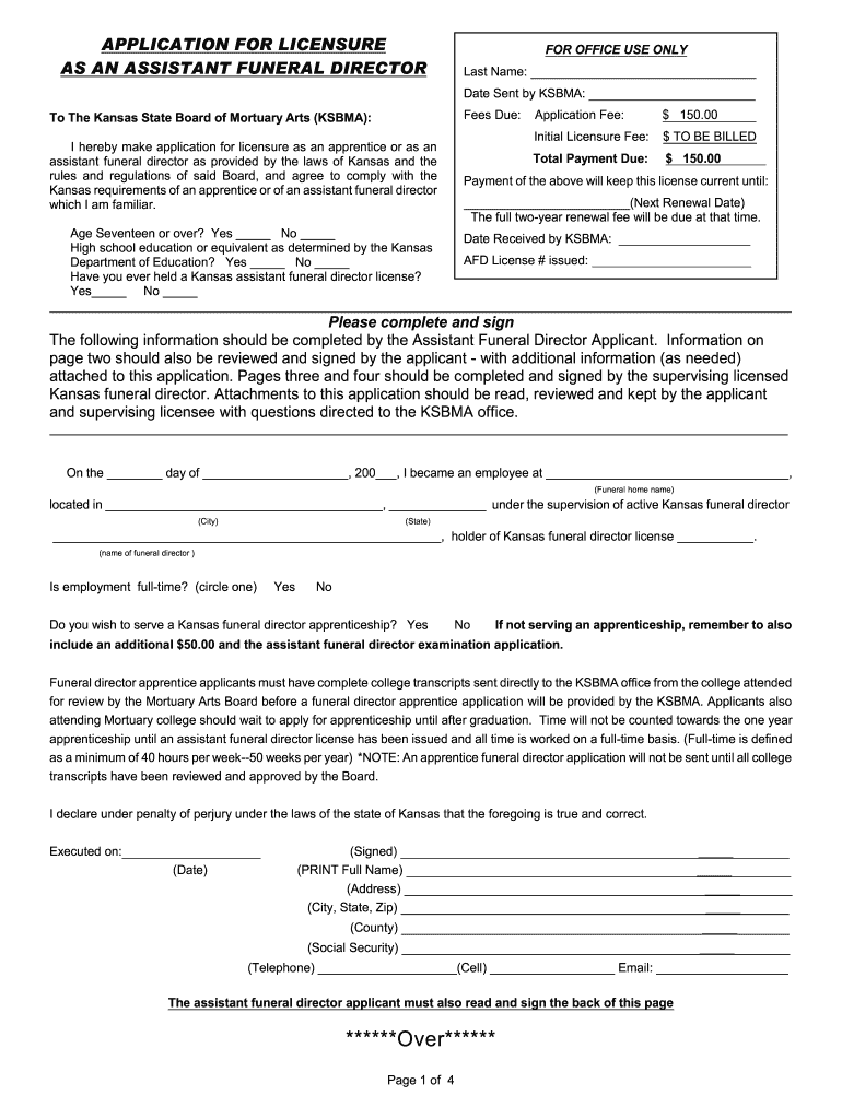 Fillable Online kansas Assistant Funeral Director Application Kansas