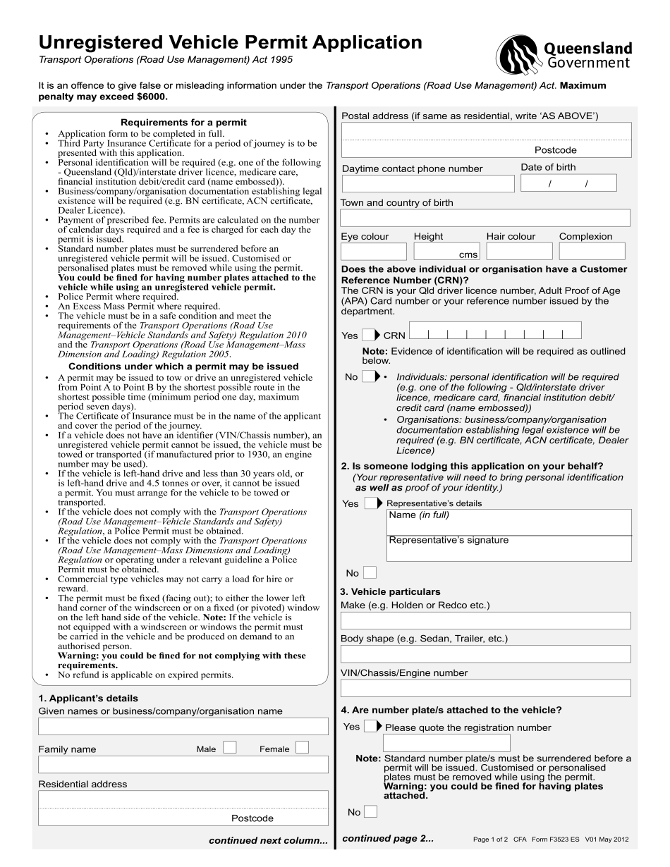 Unregistered Vehicle Permit Qld Nocode Form Builder