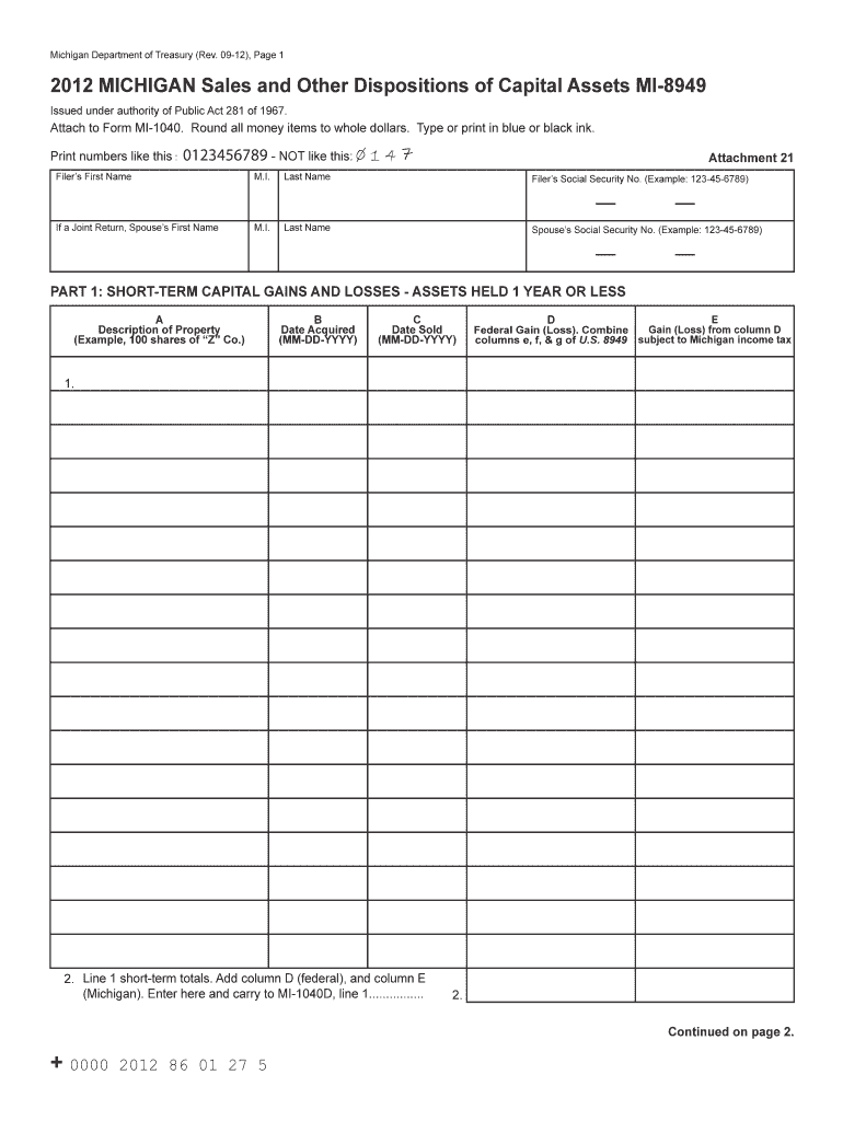 0912), Page 1 2012 MICHIGAN Sales and Other Dispositions of Capital Assets MI8949 Issued under autho Preview on Page 1
