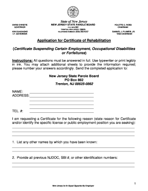 New Jersey Certificate of Rehabilitation Application