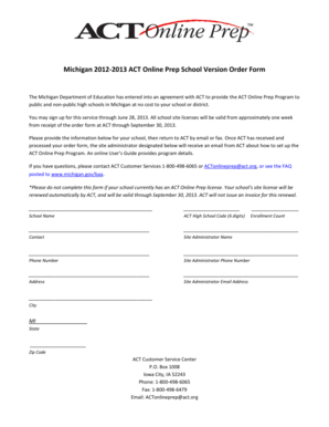 Michigan ACT Online Prep School Order Form