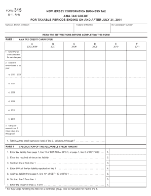 New Jersey Corporation AMA Tax Credit Form 315