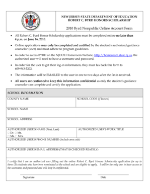 New Jersey Byrd Scholarship Online Account Form