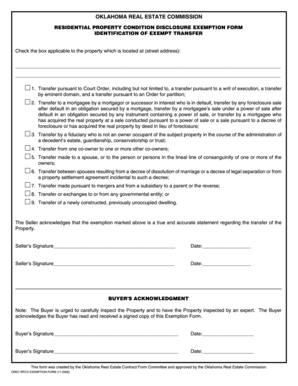 Oklahoma Residential Property Condition Disclosure Exemption Form