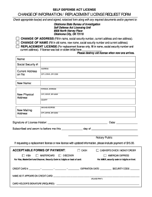 Oklahoma Self Defense Act License Change Form