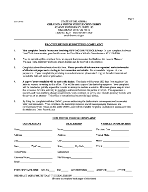 Oklahoma Motor Vehicle Complaint Form