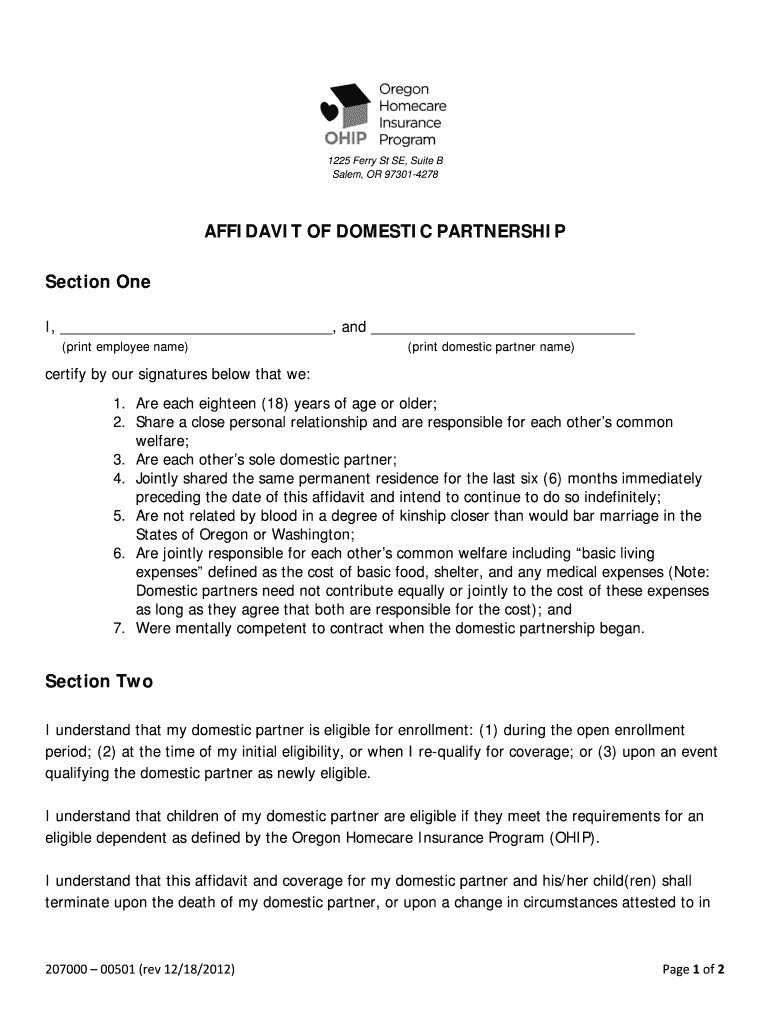 Fillable Online oregon Domestic Partner Affidavit - State of Oregon ...