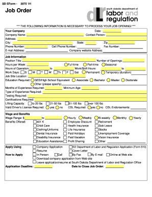 Purpose of job order form - Job Order Checklist: - State of South Dakota - state sd