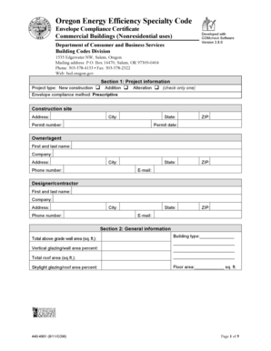 Oregon Energy Efficiency Specialty Code Envelope Compliance Certificate