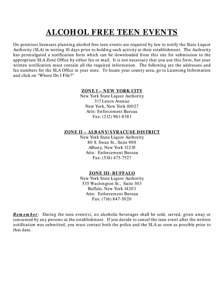 Fillable Online sla ny Alcohol Free Teen Events Form and Information New York State sla