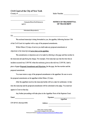 Fillable Online courts state ny Notice of Transmittal of Transcript ...