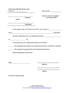 New York Notice of Settlement