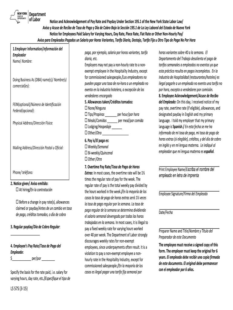 Notice and Acknowledgement of Pay Rate and Payday Under Section 195 Preview on Page 1