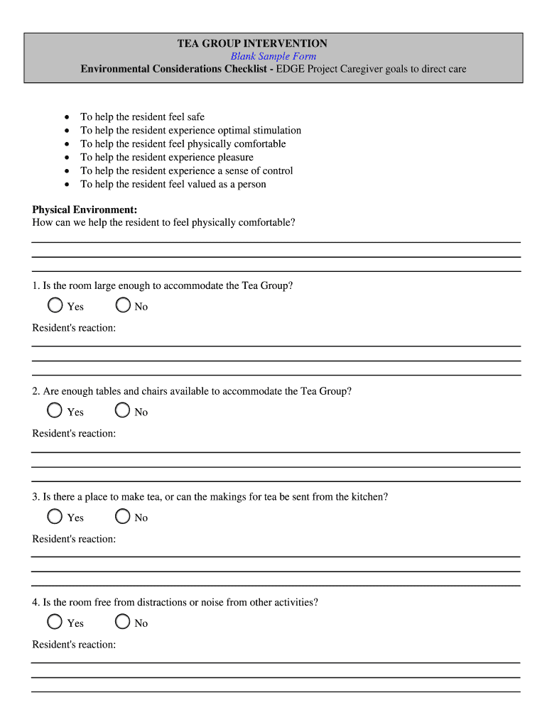 Tea Group Intervention - Environmental Checklist - Blank Form - health ny Preview on Page 1