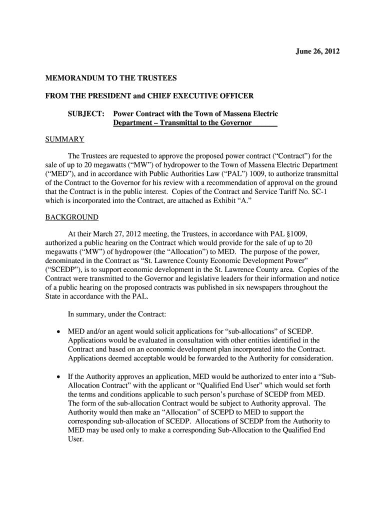 9-Power Contract - Massena Elect - Transmittal to the Governor docx Preview on Page 1