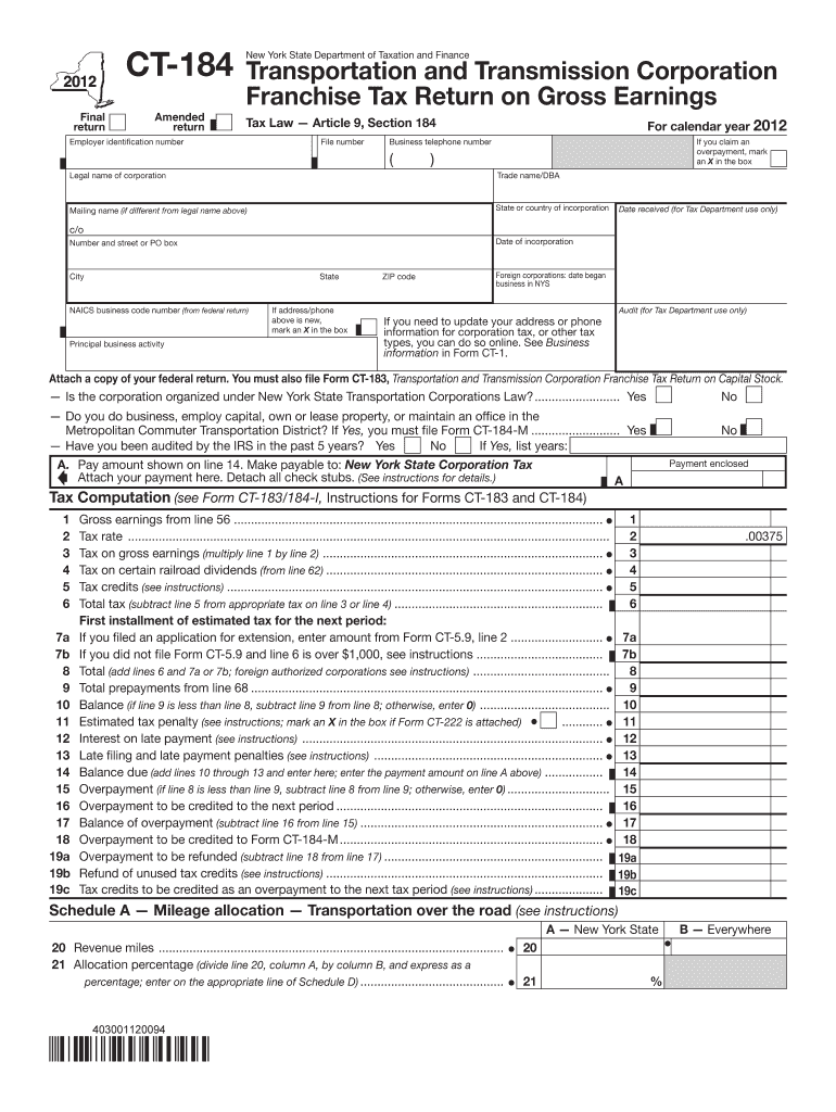 Form CT-184:2012:Transportation and Transmission Corporation Franchise Tax Return on Gross Earnings: Preview on Page 1