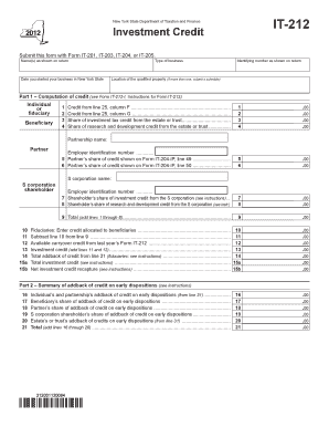 Form IT-212:2012:Investment Credit:IT212 - tax ny