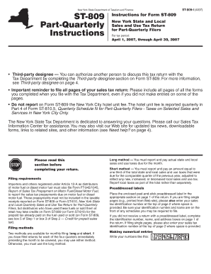 Fillable lpr - New York State Department of Taxation and Finance ST-809 Part-Quarterly Instructions ST-809-I (4/07) Instructions for Form ST-809 New York State and Local Sales and Use Tax Return for Part-Quarterly Filers For tax period: April 1, 2007, - -