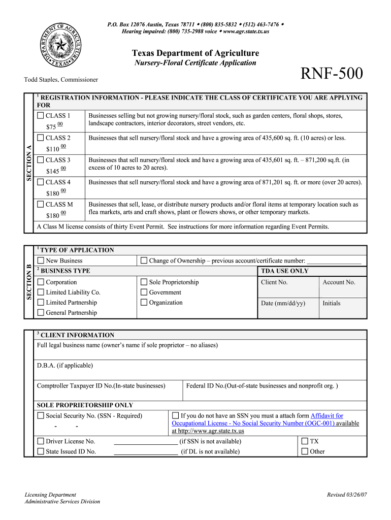 Rnf 500 nf certificate application - Texas Department of Agriculture - texasagriculture Preview on Page 1.