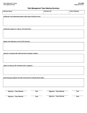 Risk Management Team Meeting Summary. Form 2084 - dads state tx