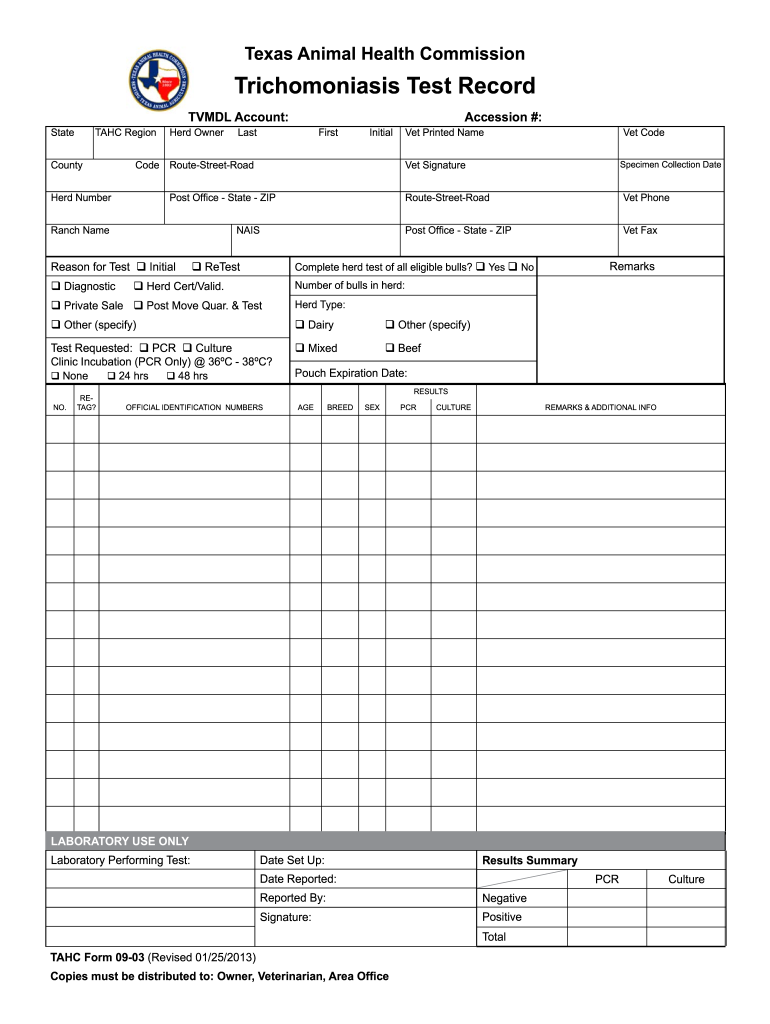 Trichomoniasis Test Record - Texas Animal Health Commission: Fill out &  sign online | DocHub