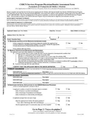 CSHCN Services Program Physician/Dentist Assessment Form