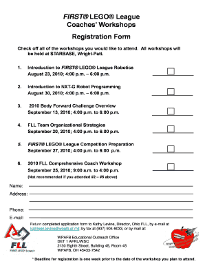 Fillable Online FIRST LEGO League Coaches' Workshops Registration Form ...