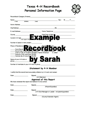 Texas 4-H Recordbook Personal Information Page