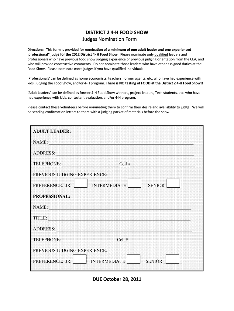 DISTRICT 2 4-H FOOD SHOW Judges Nomination Form - AgriLife Preview on Page 1