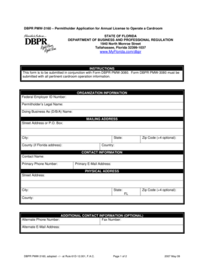 DBPR PMW-3160 Permitholder Application for Annual License to Operate a Cardroom STATE OF FLORIDA DEPARTMENT OF BUSINESS AND PROFESSIONAL REGULATION 1940 North Monroe Street Tallahassee, Florida 32399-1037 www