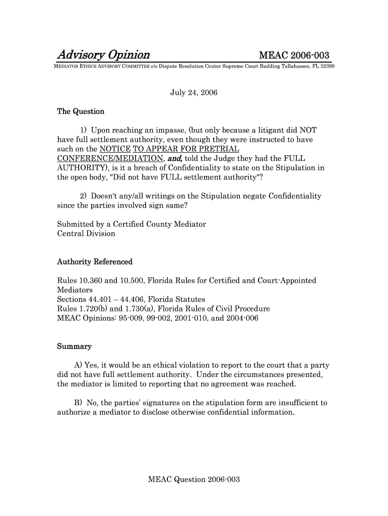 Advisory Opinion MEAC 2006-003 - Florida State Courts - flcourts Preview on Page 1