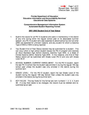 Florida Student End of Year Status Form