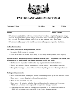 High Life Adventures Participant Agreement Form