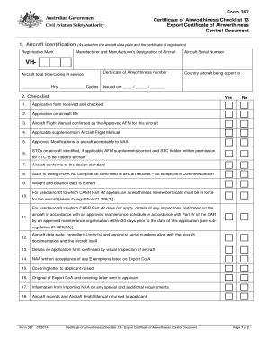 Form 397 Certificate of Airworthiness Checklist 13 Export Certificate of Airworthiness Control Document - casa gov