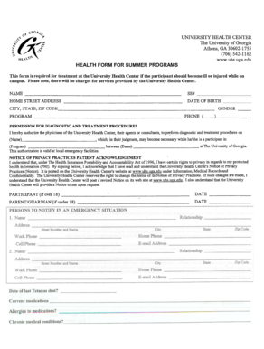 University Health Form for Summer Programs