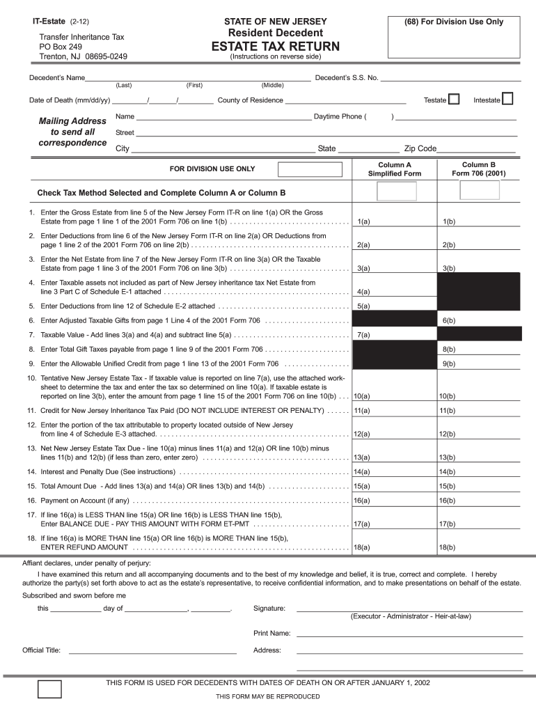 new jersey estate 2012 form Preview on Page 1