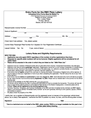 Massachusetts RMV Plate Lottery Entry Form