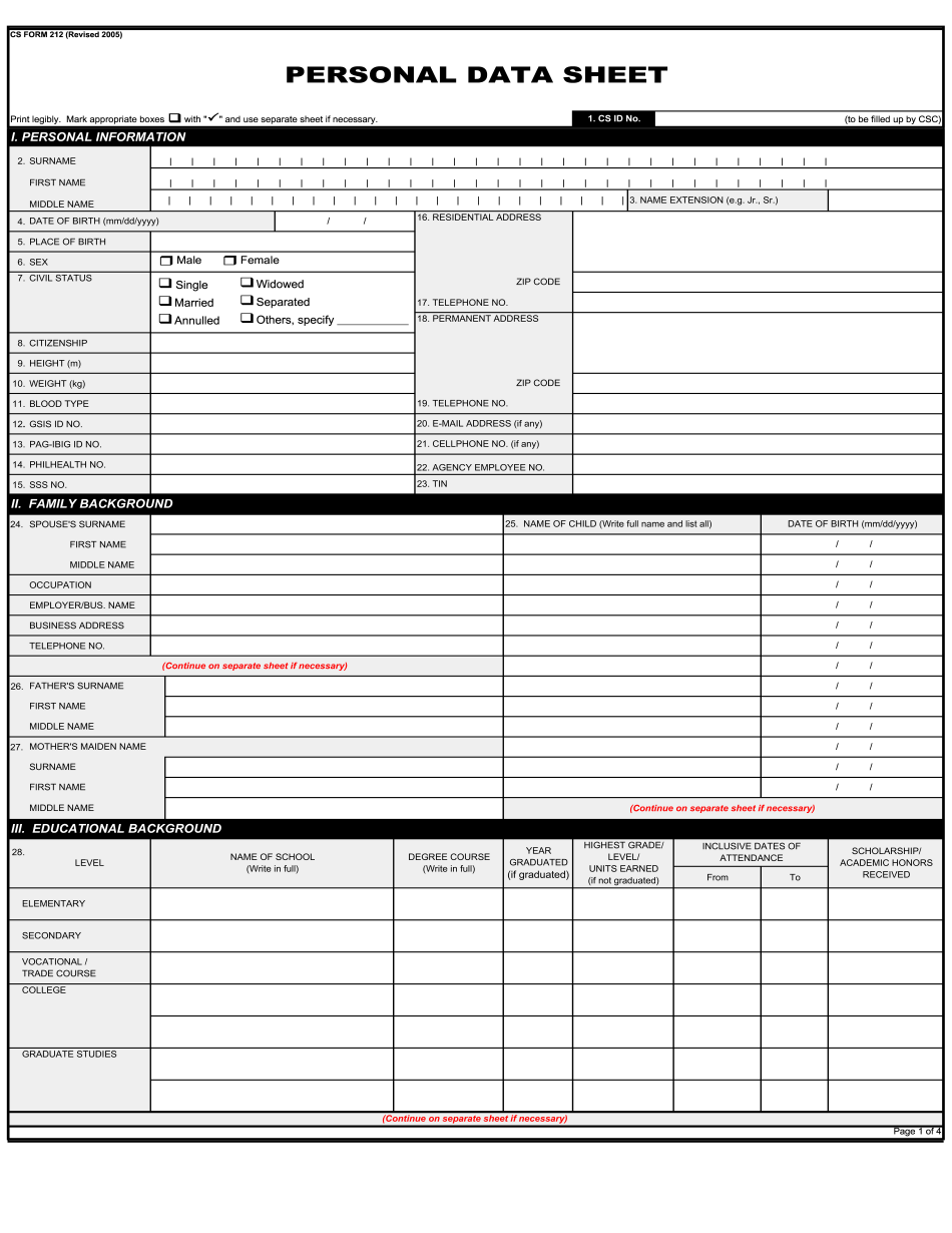 Personal Data Sheet Form