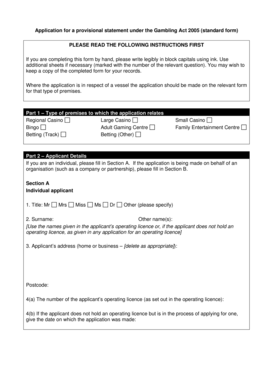 Gambling Act 2005 Provisional Statement Application